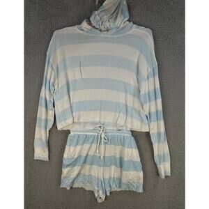 Blue White Striped Pajama Set Hoodie Top & Shorts Women’s FITSLIKE Medium Lounge